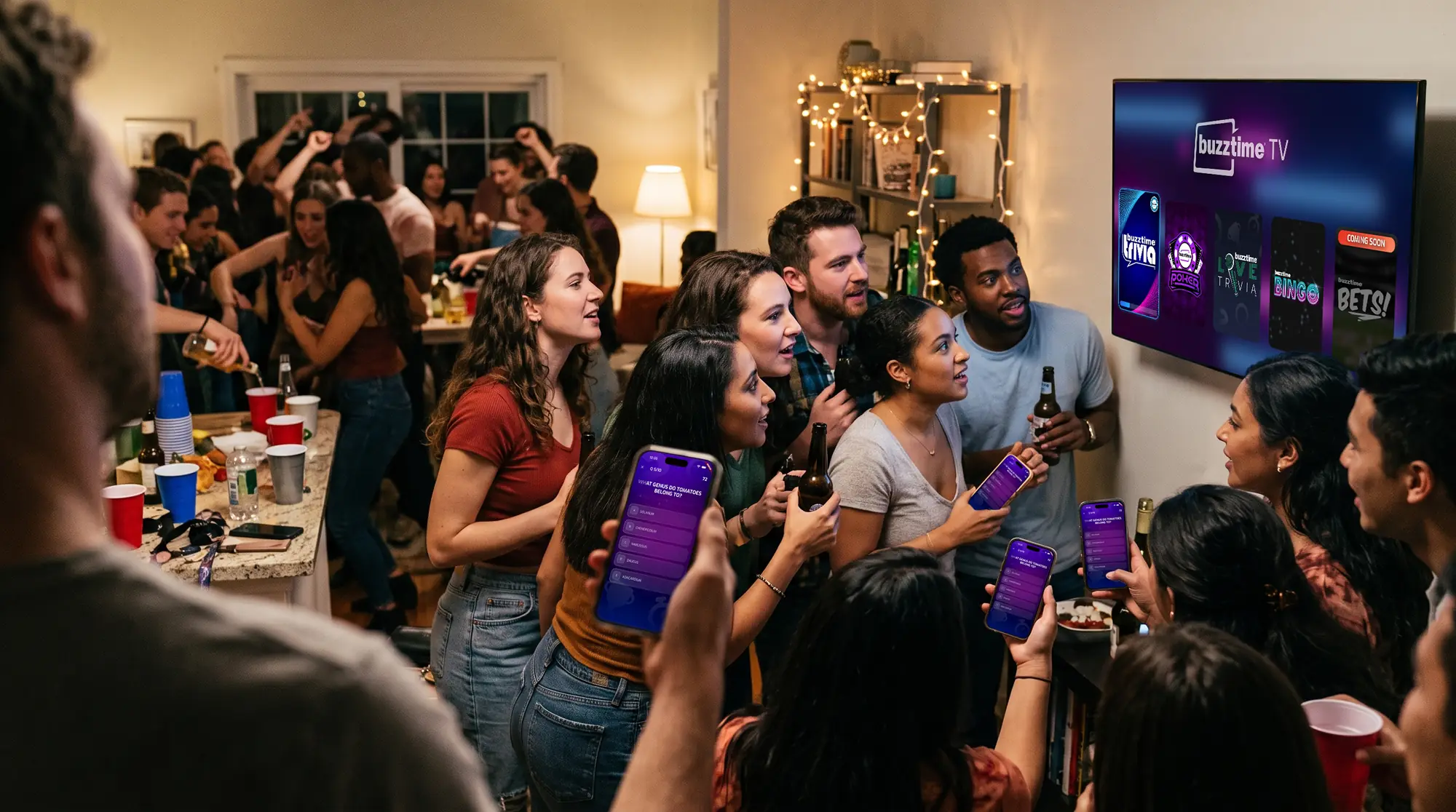 Friends in a living room watching Buzztime trivia on the TV while answering from their phones.
